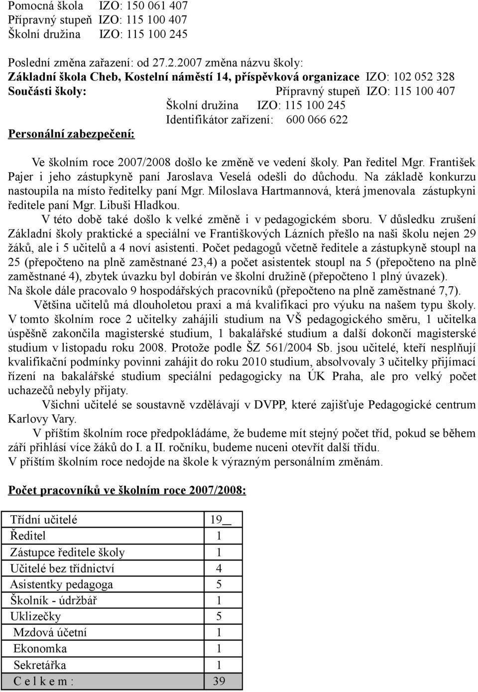 .2.2007 změna názvu školy: Základní škola Cheb, Kostelní náměstí 14, příspěvková organizace IZO: 102 052 328 Součásti školy: Přípravný stupeň IZO: 115 100 407 Školní družina IZO: 115 100 245