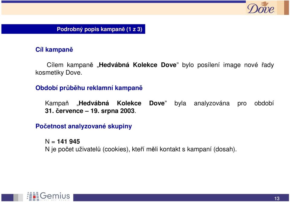 Období průběhu reklamní kampaně Kampaň Hedvábná Kolekce Dove byla analyzována pro období