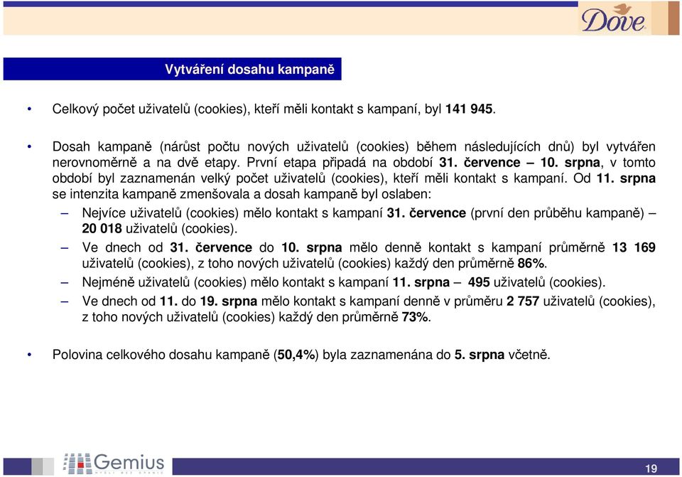 srpna, v tomto období byl zaznamenán velký počet uživatelů (cookies), kteří měli kontakt s kampaní. Od 11.