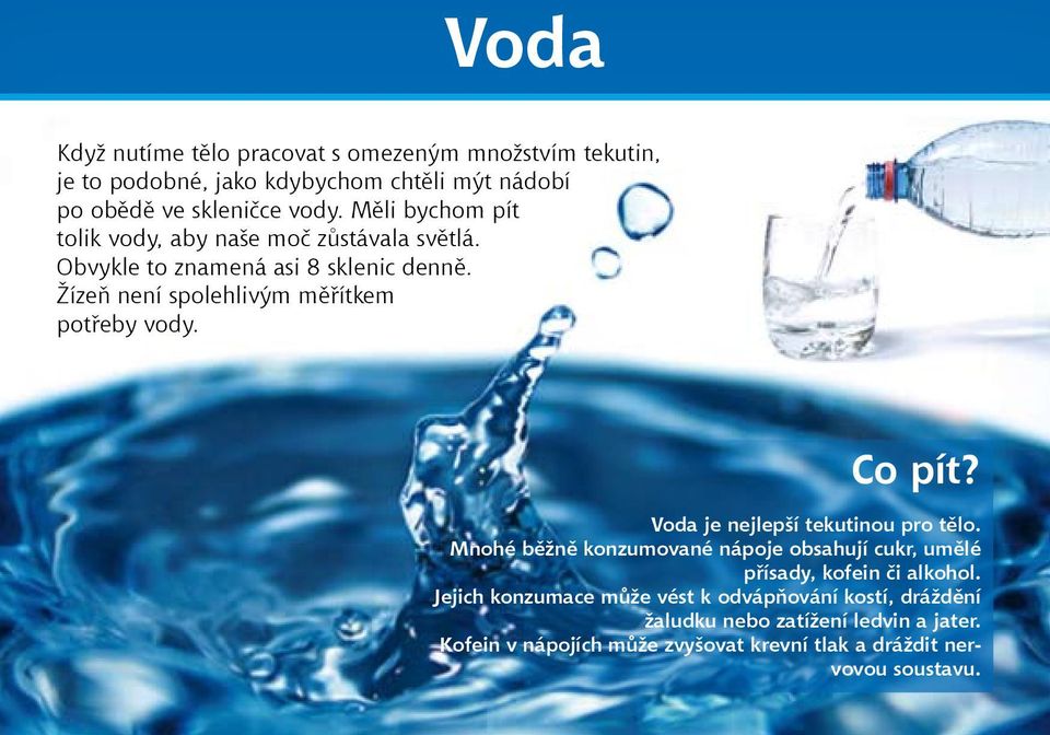 Co pít? Voda je nejlepší tekutinou pro tělo. Mnohé běžně konzumované nápoje obsahují cukr, umělé přísady, kofein či alkohol.