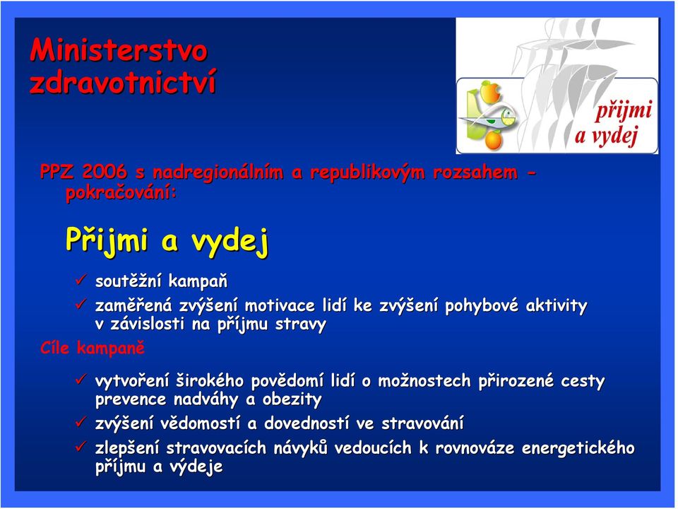 Cíle kampaně vytvoření širokého povědomí lidí o možnostech přirozené cesty prevence nadváhy a obezity zvýšení