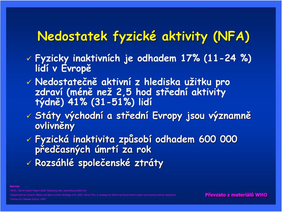 rok Rozsáhlé společenské ztráty Sources: WHO, World Health Report 2002: Reducing risks, promoting healthy life Department for Culture, Media and Sport London