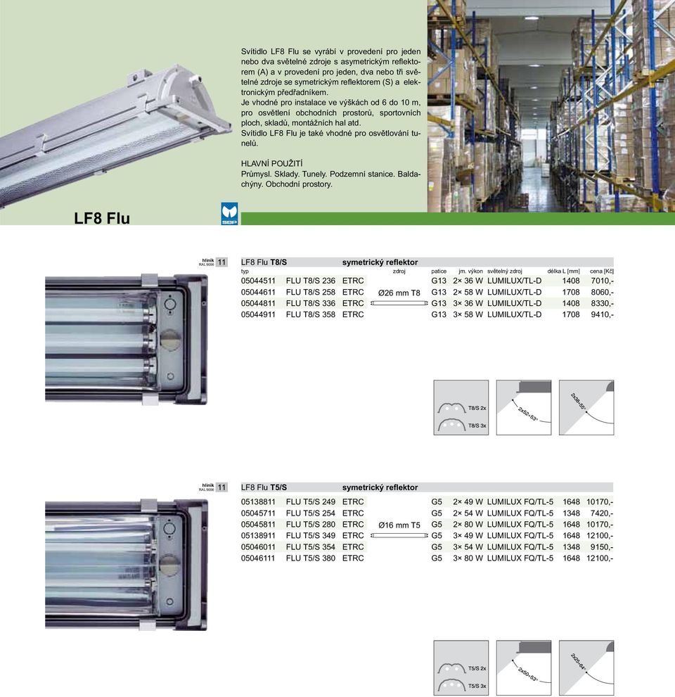 Svítidlo LF8 Flu je také vhodné pro osvětlování tunelů. HLAVNÍ POUŽITÍ Průmysl. Sklady. Tunely. Podzemní stanice. Baldachýny. Obchodní prostory.
