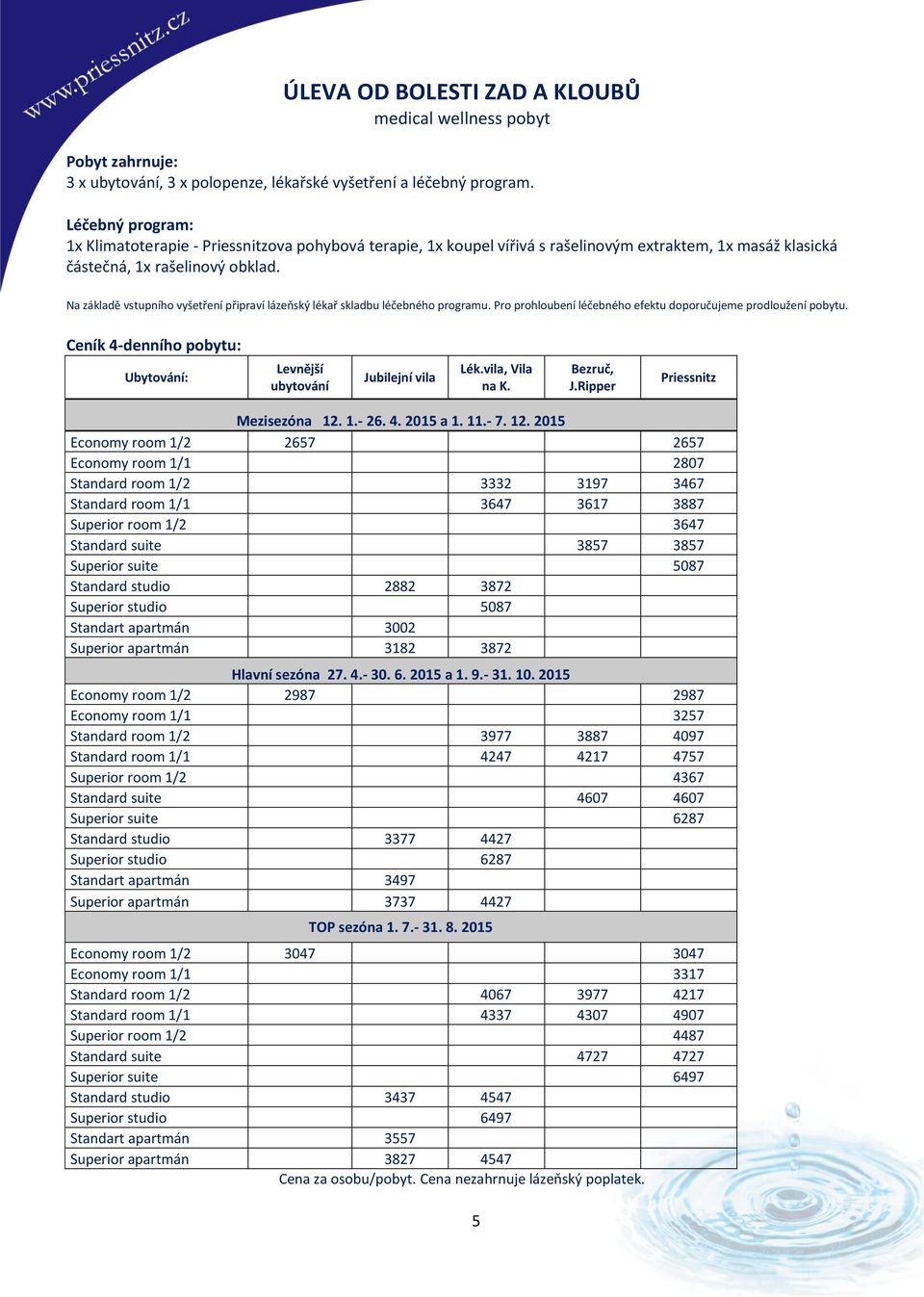 Na základě vstupního vyšetření připraví lázeňský lékař skladbu léčebného programu. Pro prohloubení léčebného efektu doporučujeme prodloužení pobytu.