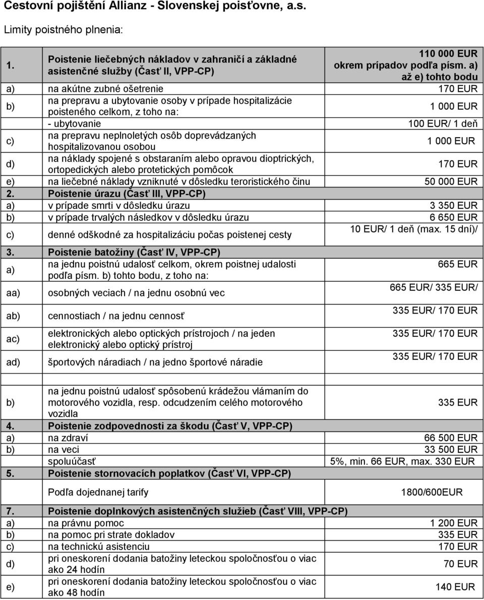 ubytovanie 100 EUR/ 1 deň c) na prepravu neplnoletých osôb doprevádzaných hospitalizovanou osobou 1 000 EUR d) na náklady spojené s obstaraním alebo opravou dioptrických, ortopedických alebo