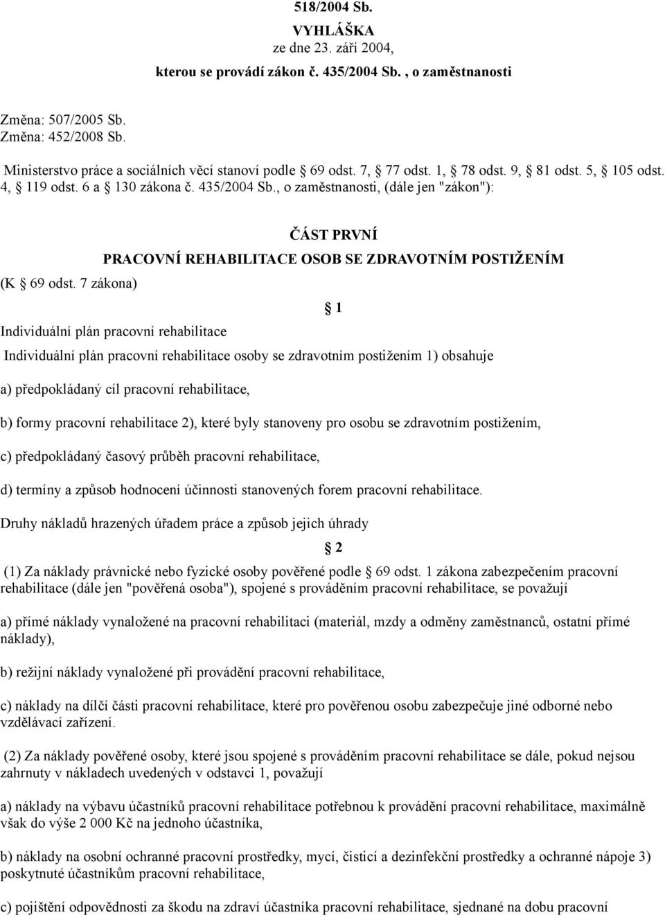 7 zákona) ČÁST PRVNÍ PRACOVNÍ REHABILITACE OSOB SE ZDRAVOTNÍM POSTIŽENÍM Individuální plán pracovní rehabilitace Individuální plán pracovní rehabilitace osoby se zdravotním postižením 1) obsahuje a)