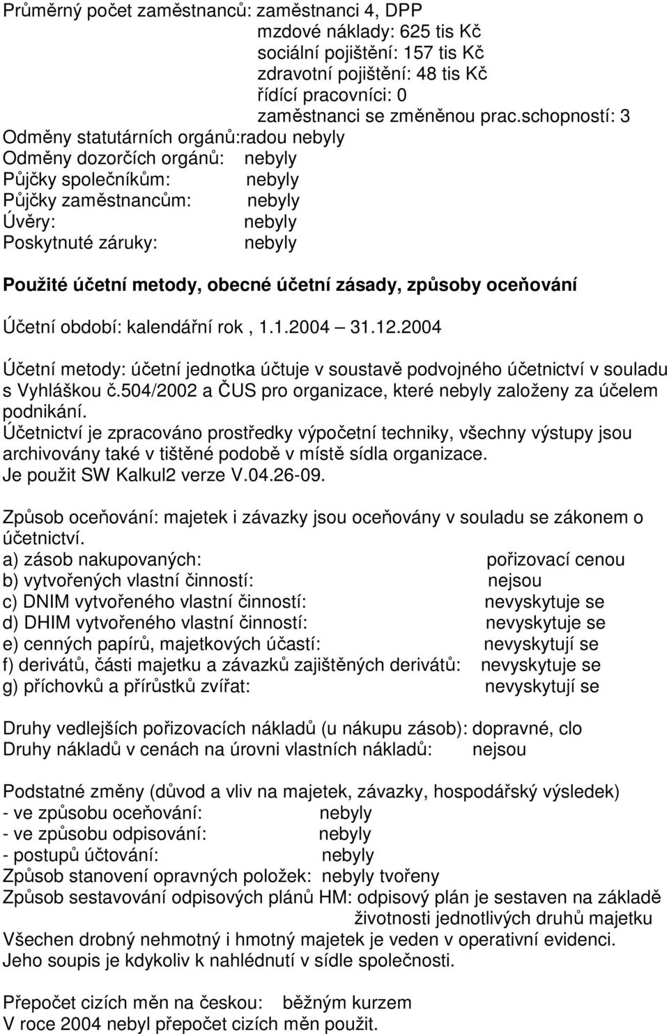 metody, obecné účetní zásady, způsoby oceňování Účetní období: kalendářní rok, 1.1.2004 31.12.2004 Účetní metody: účetní jednotka účtuje v soustavě podvojného účetnictví v souladu s Vyhláškou č.