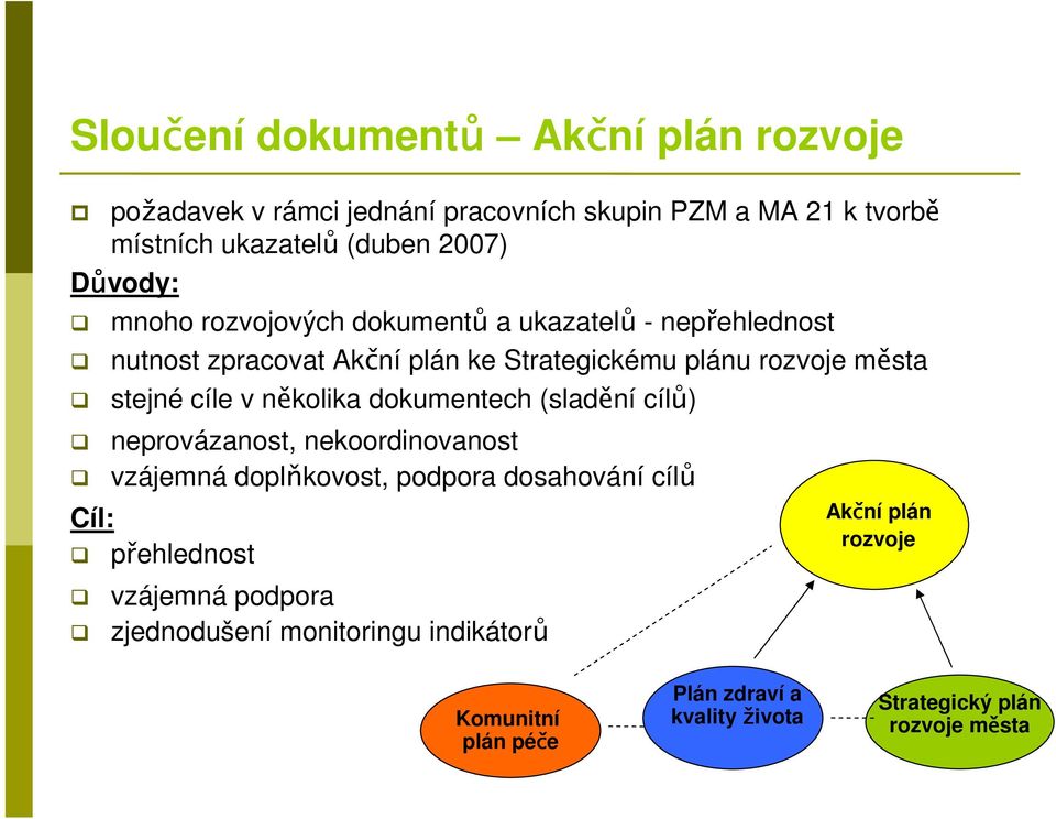 stejné cíle v několika dokumentech (sladění neprovázanost, nekoordinovanost vzájemná doplňkovost, podpora dosahování cílů Cíl: přehlednost