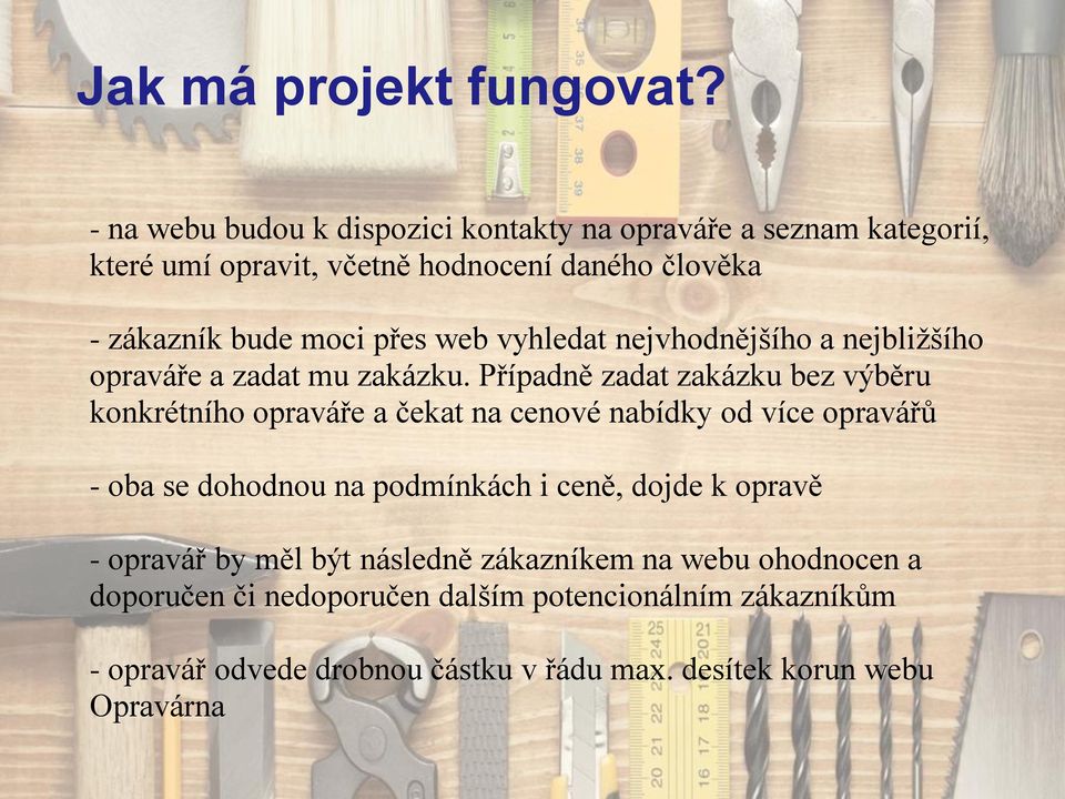 web vyhledat nejvhodnějšího a nejbližšího opraváře a zadat mu zakázku.