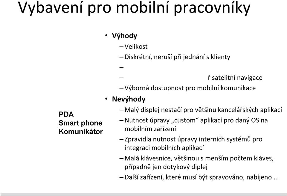 úpravy custom aplikací pro daný OS na mobilním zařízení Zpravidla nutnost úpravy interních systémů pro integraci mobilních