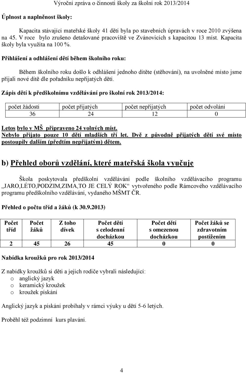 Přihlášení a odhlášení dětí během školního roku: Během školního roku došlo k odhlášení jednoho dítěte (stěhování), na uvolněné místo jsme přijali nové dítě dle pořadníku nepřijatých dětí.
