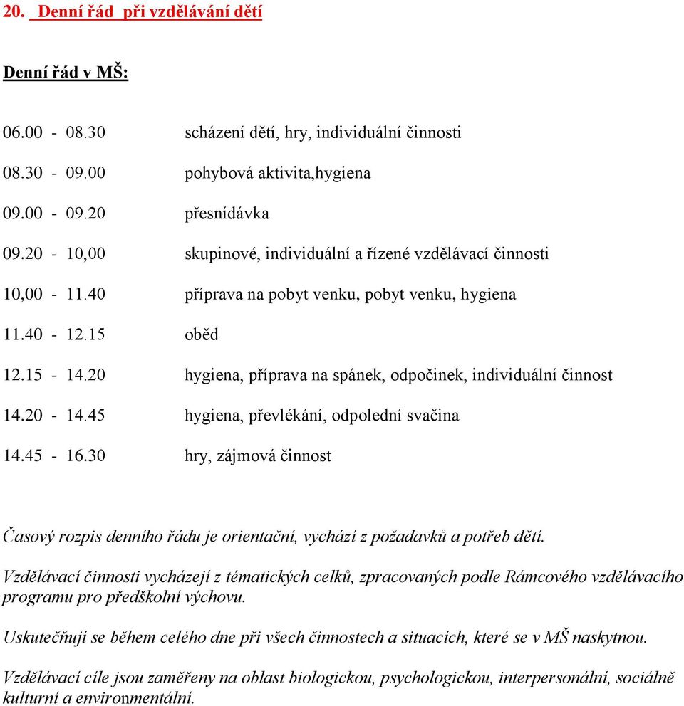 20 hygiena, příprava na spánek, odpočinek, individuální činnost 14.20-14.45 hygiena, převlékání, odpolední svačina 14.45-16.