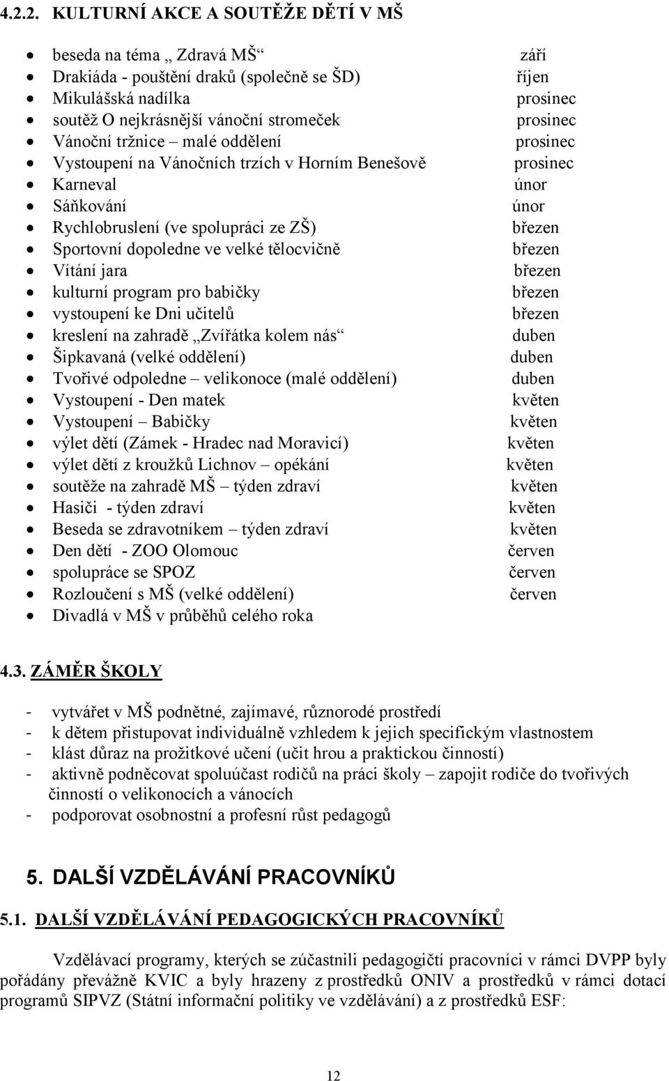 Dni učitelů kreslení na zahradě Zvířátka kolem nás Šipkavaná (velké oddělení) Tvořivé odpoledne velikonoce (malé oddělení) Vystoupení - Den matek Vystoupení Babičky výlet dětí (Zámek - Hradec nad