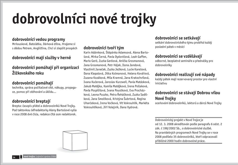 přátel a dobrovolníků Nové Trojky. Pod taktovkou šéfredaktorky Aleny Bartošové vyšla v roce 2008 dvě čísla, redakce čítá osm redaktorek.