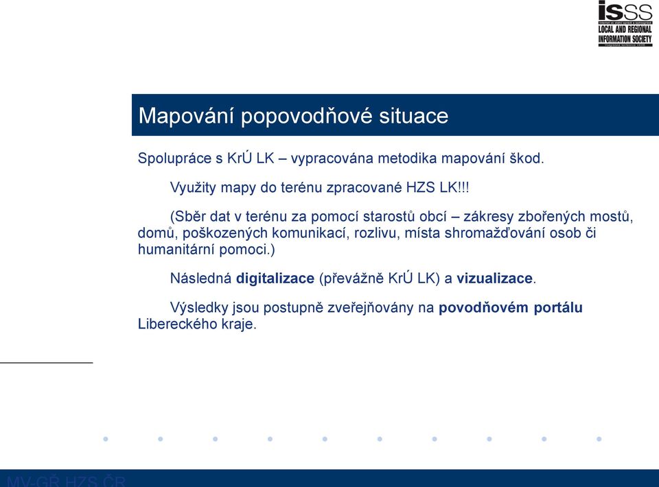 !! (Sběr dat v terénu za pomocí starostů obcí zákresy zbořených mostů, domů, poškozených komunikací,