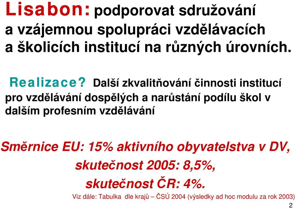 Další zkvalitňování činnosti institucí pro vzdělávání dospělých a narůstání podílu škol v dalším