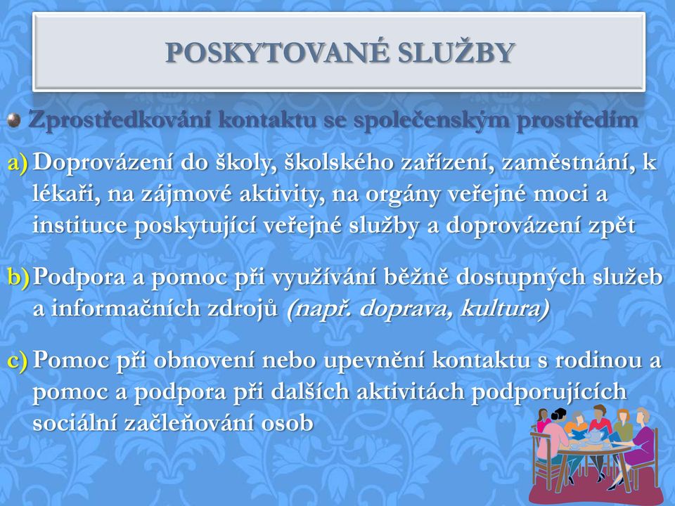 zpět b)podpora a pomoc při využívání běžně dostupných služeb a informačních zdrojů (např.