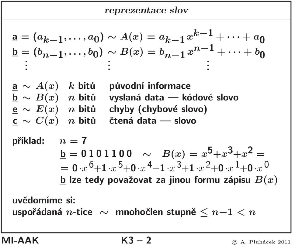 nbitů čtenádata slovo příklad: n=7 b=0101100 B(x)=x 5 +x 3 +x 2 = =0 x 6 +1 x 5 +0 x 4 +1 x 3 +1 x 2 +0 x 1 +0 x 0