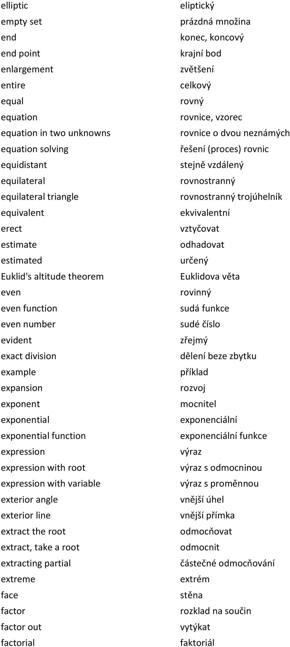 angle exterior line extract the root extract, take a root extracting partial extreme face factor factor out factorial eliptický prázdná množina konec, koncový krajní bod zvětšení celkový rovný