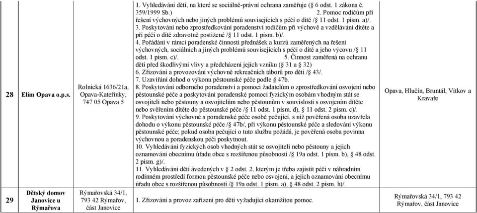 1 písm. a)/. 3. Poskytování nebo zprostředkování poradenství rodičům při výchově a vzdělávání dítěte a při péči o dítě zdravotně postižené / 11 odst. 1 písm. b)/.