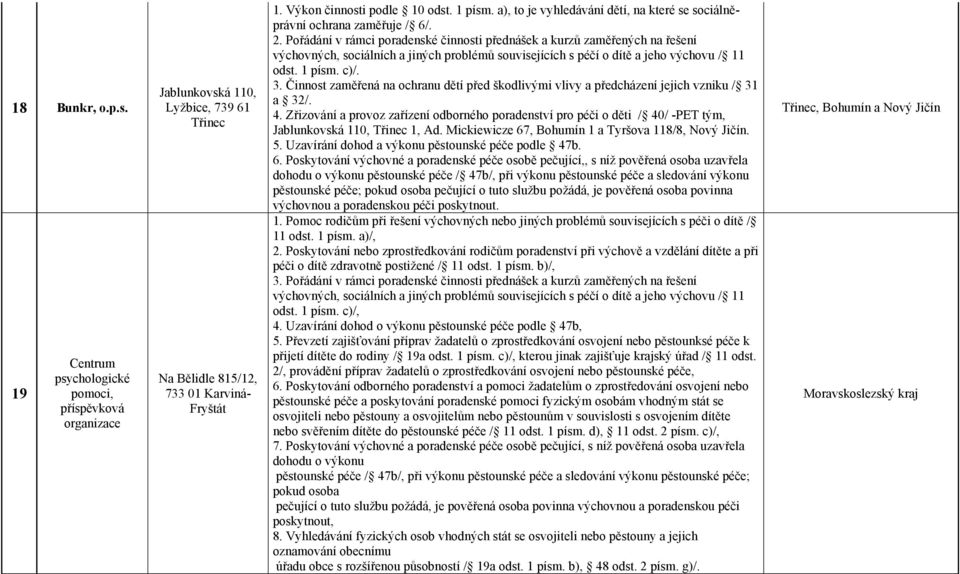 Pořádání v rámci poradenské činnosti přednášek a kurzů zaměřených na řešení výchovných, sociálních a jiných problémů souvisejících s péčí o dítě a jeho výchovu / 11 3.