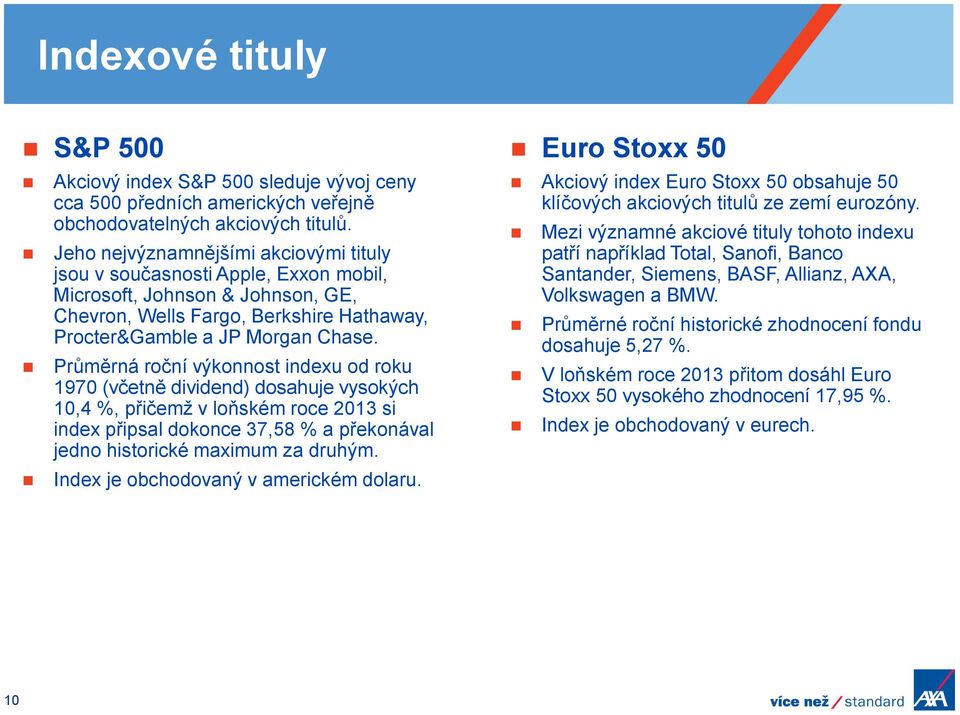 Průměrná roční výkonnost indexu od roku 1970 (včetně dividend) dosahuje vysokých 10,4 %, přičemž v loňském roce 2013 si index připsal dokonce 37,58 % a překonával jedno historické maximum za druhým.