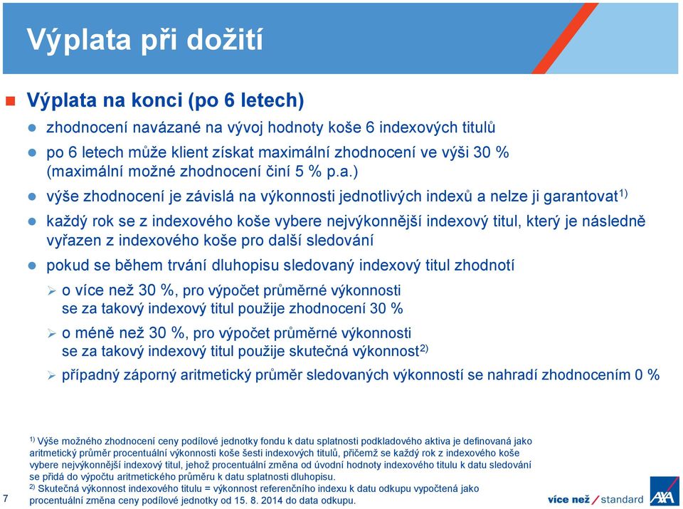 ) výše zhodnocení je závislá na výkonnosti jednotlivých indexů a nelze ji garantovat 1) každý rok se z indexového koše vybere nejvýkonnější indexový titul, který je následně vyřazen z indexového koše