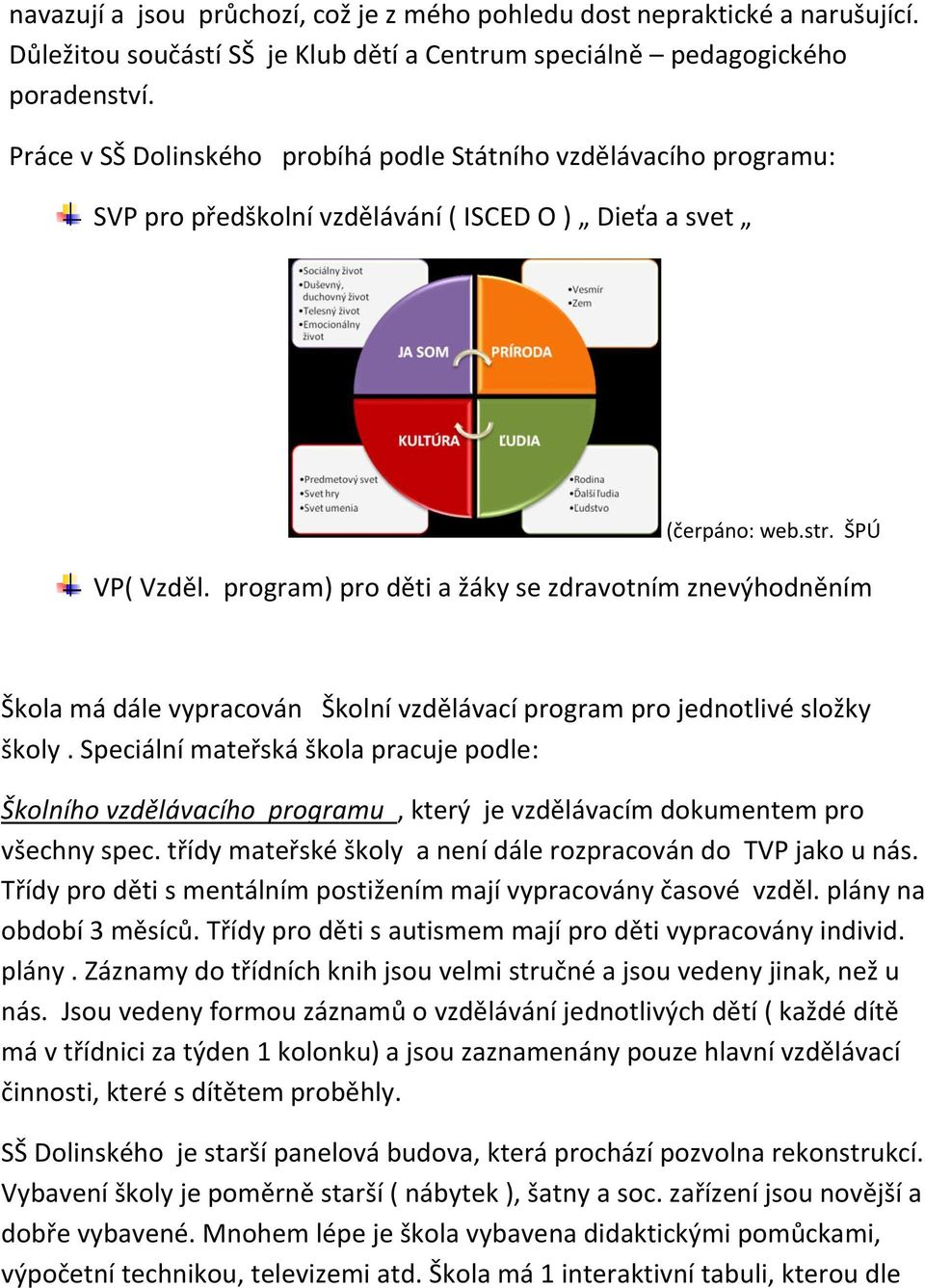 program) pro děti a žáky se zdravotním znevýhodněním Škola má dále vypracován Školní vzdělávací program pro jednotlivé složky školy.