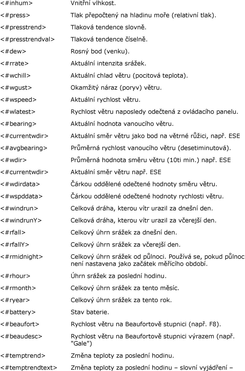 Tlaková tendence slovně. Tlaková tendence číselně. Rosný bod (venku). Aktuální intenzita srážek. Aktuální chlad větru (pocitová teplota). Okamžitý náraz (poryv) větru. Aktuální rychlost větru.