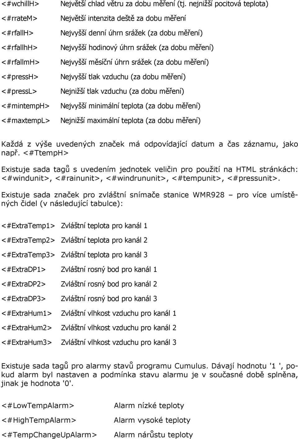 měření) Nejvyšší tlak vzduchu (za dobu měření) Nejnižší tlak vzduchu (za dobu měření) Nejvyšší minimální teplota (za dobu měření) Nejnižší maximální teplota (za dobu měření) Každá z výše uvedených