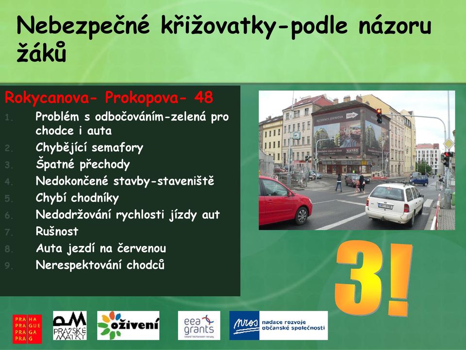 Špatné přechody 4. Nedokončené stavby-staveniště 5. Chybí chodníky 6.