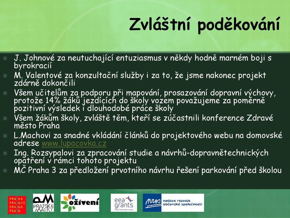 jezdících do školy vozem považujeme za poměrně pozitivní výsledek i dlouhodobé práce školy Všem žákům školy, zvláště těm, kteří se zúčastnili konference Zdravé město Praha L.