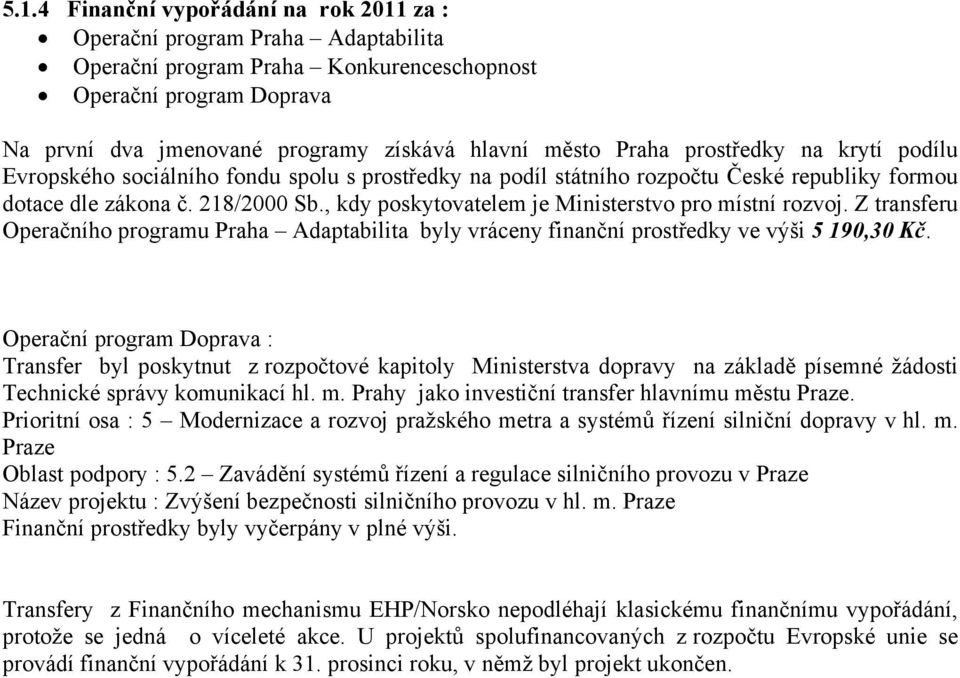 , kdy poskytovatelem je Ministerstvo pro místní rozvoj. Z transferu Operačního programu Praha Adaptabilita byly vráceny finanční prostředky ve výši 5 190,30 Kč.