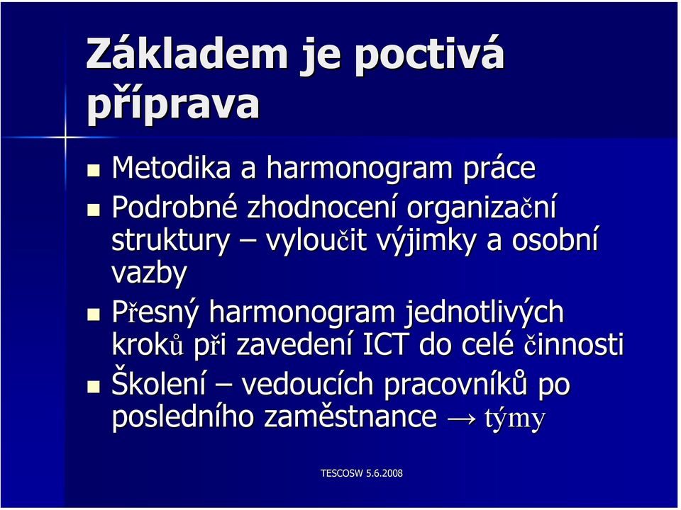 vazby Přesný harmonogram jednotlivých kroků při i zavedení ICT do