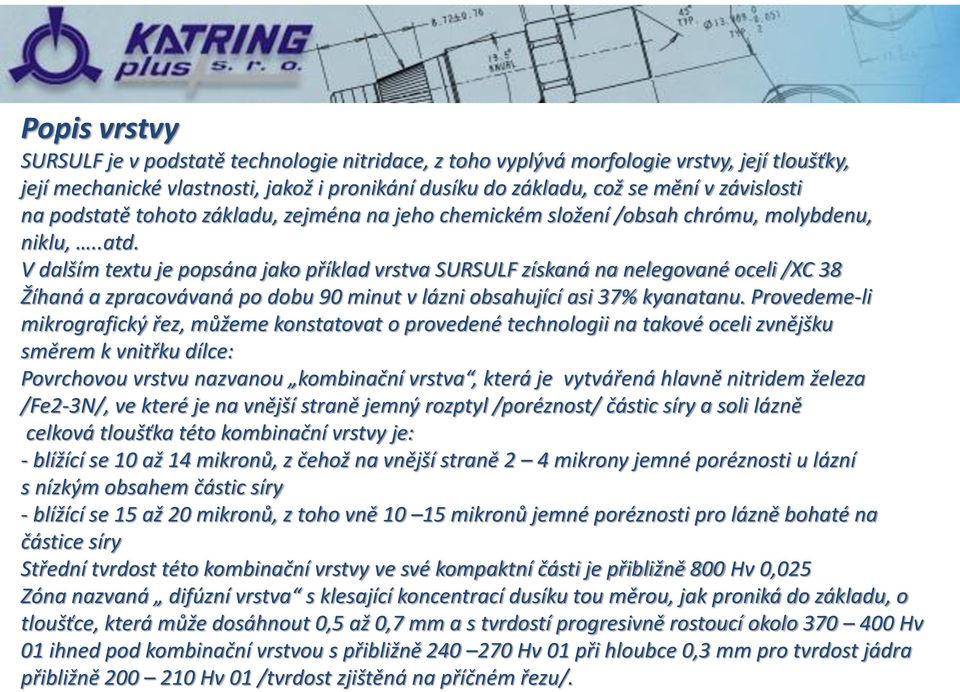V dalším textu je popsána jako příklad vrstva SURSULF získaná na nelegované oceli /XC 38 Žíhaná a zpracovávaná po dobu 90 minut v lázni obsahující asi 37% kyanatanu.