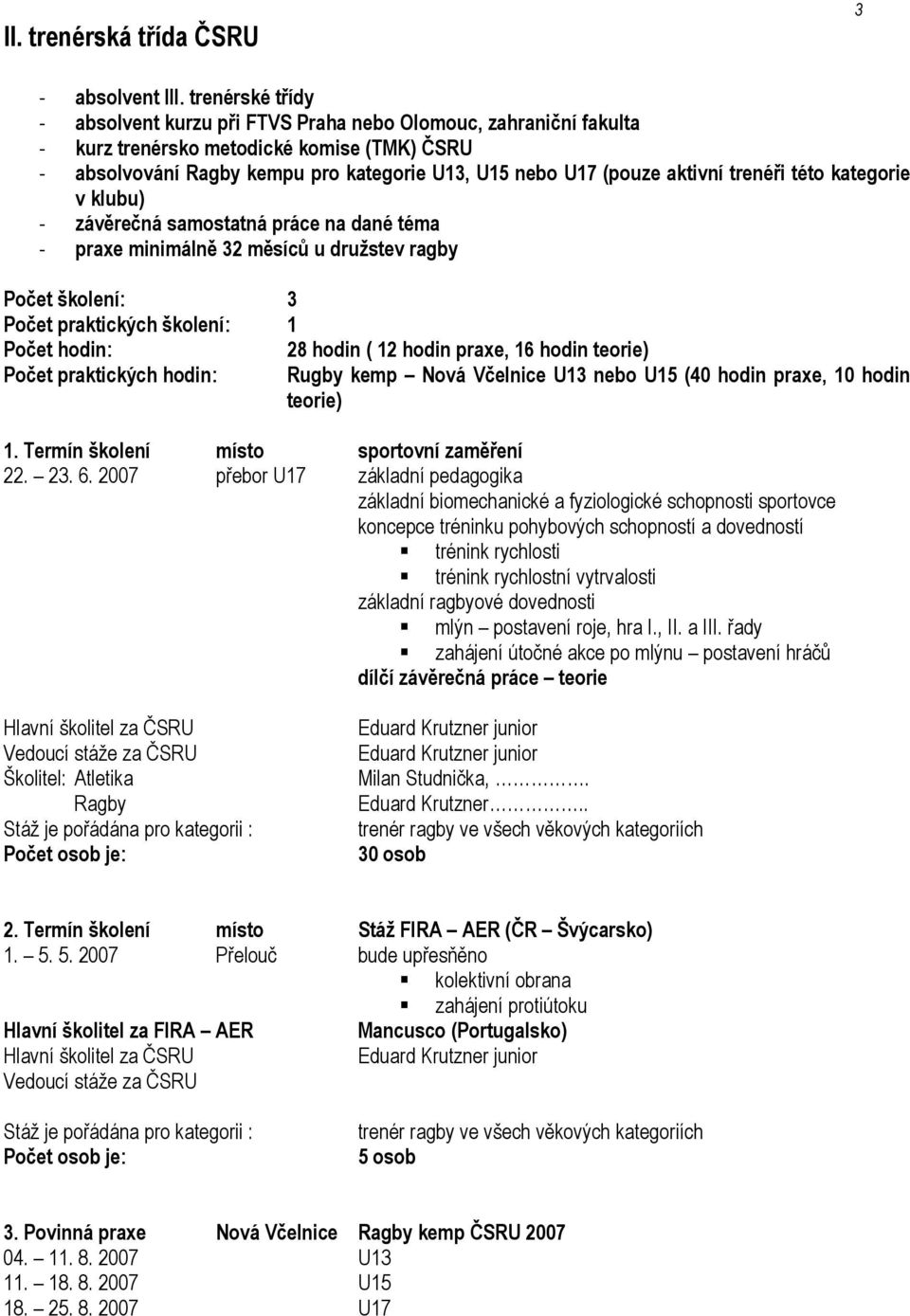 trenéři této kategorie v klubu) - závěrečná samostatná práce na dané téma - praxe minimálně 32 měsíců u družstev ragby Počet školení: 3 Počet praktických školení: 1 Počet hodin: 28 hodin ( 12 hodin