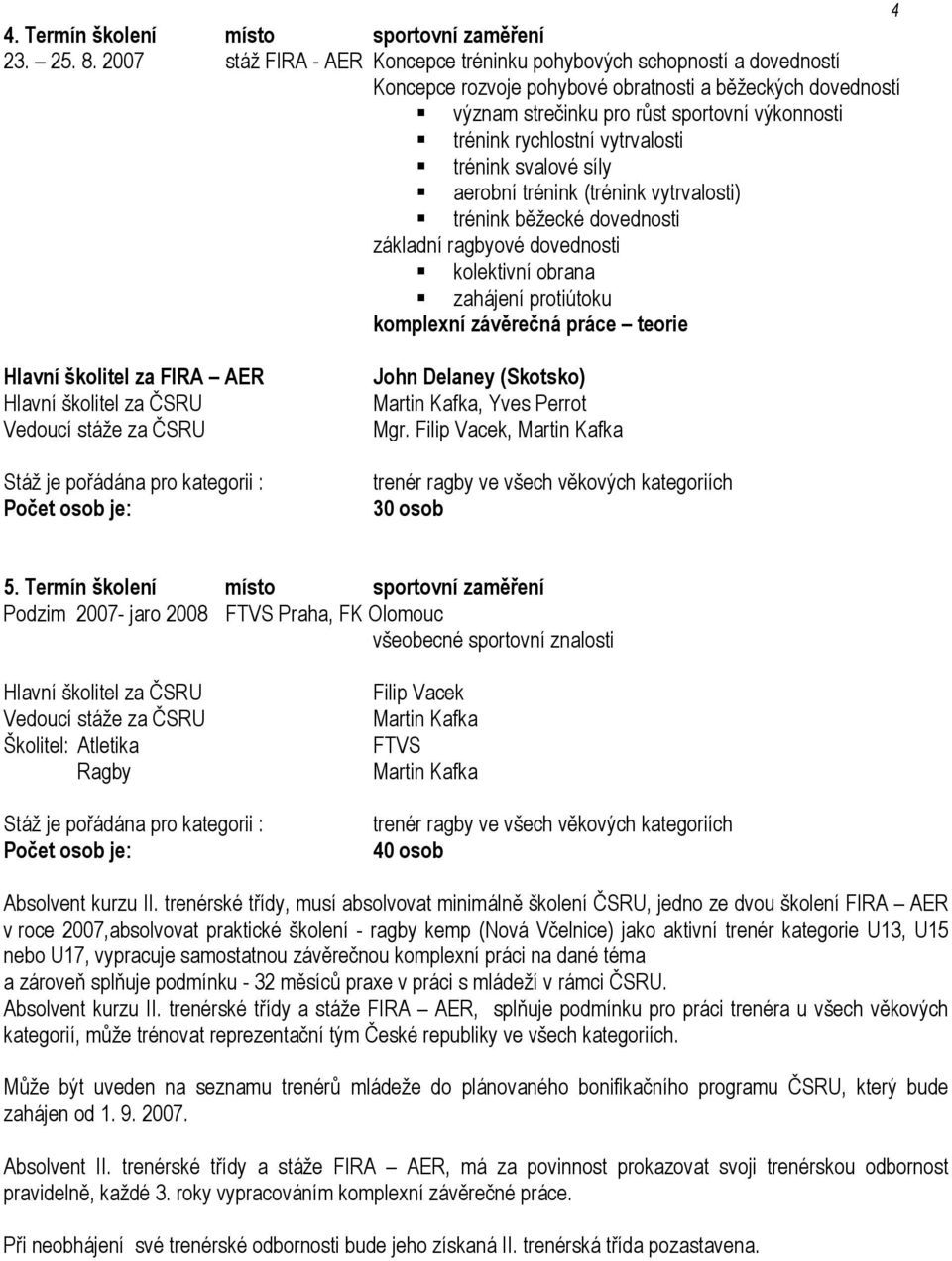 vytrvalosti trénink svalové síly aerobní trénink (trénink vytrvalosti) trénink běžecké dovednosti kolektivní obrana zahájení protiútoku komplexní závěrečná práce teorie Hlavní školitel za FIRA AER