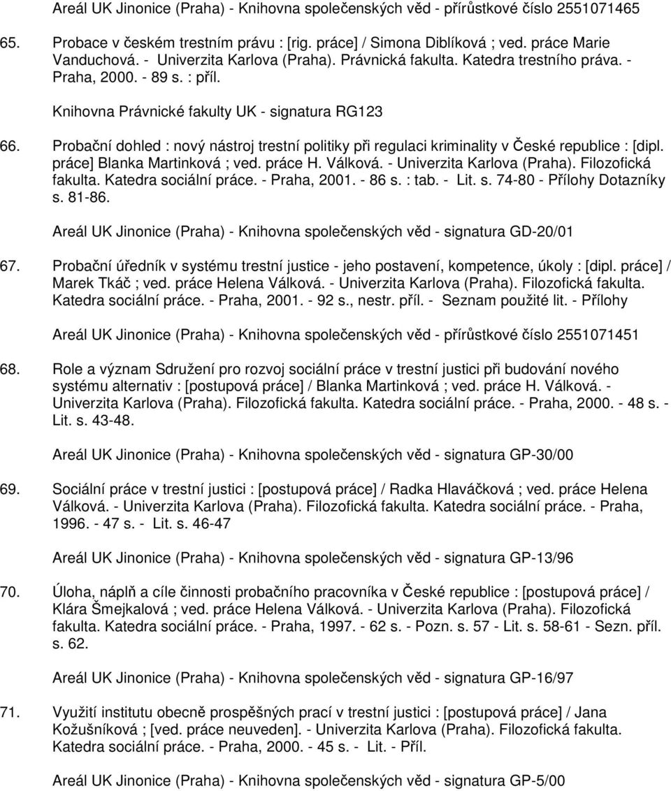 Probační dohled : nový nástroj trestní politiky při regulaci kriminality v České republice : [dipl. práce] Blanka Martinková ; ved. práce H. Válková. - Univerzita Karlova (Praha). Filozofická fakulta.
