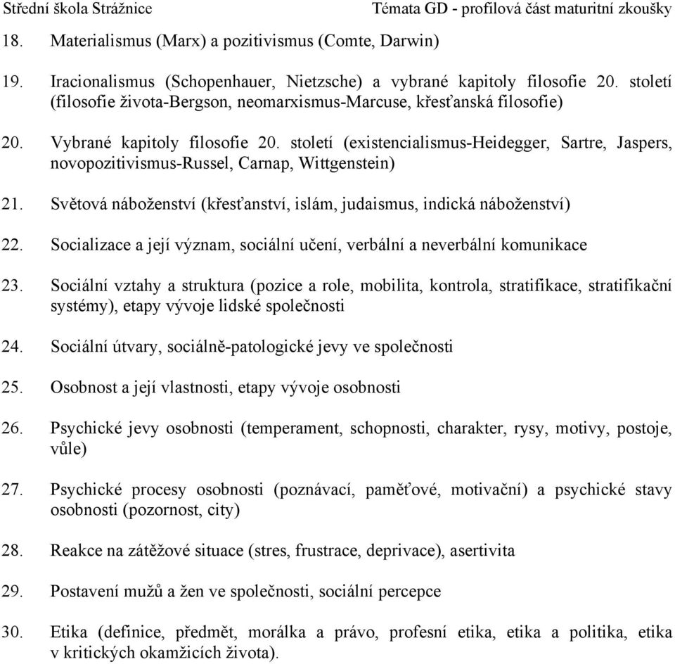 století (existencialismus-heidegger, Sartre, Jaspers, novopozitivismus-russel, Carnap, Wittgenstein) 21. Světová náboženství (křesťanství, islám, judaismus, indická náboženství) 22.