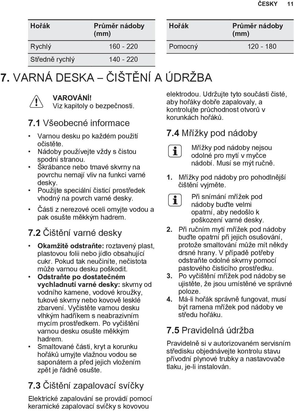Části z nerezové oceli omyjte vodou a pak osušte měkkým hadrem. 7.2 Čištění varné desky Okamžitě odstraňte: roztavený plast, plastovou folii nebo jídlo obsahující cukr.