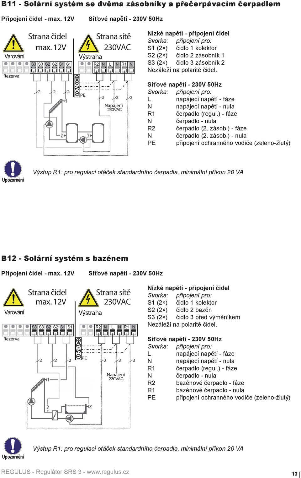L napájecí napětí - fáze N napájecí napětí - nula R1 čerpadlo (regul.) - fáze N čerpadlo - nula R2 čerpadlo (2. zásob.
