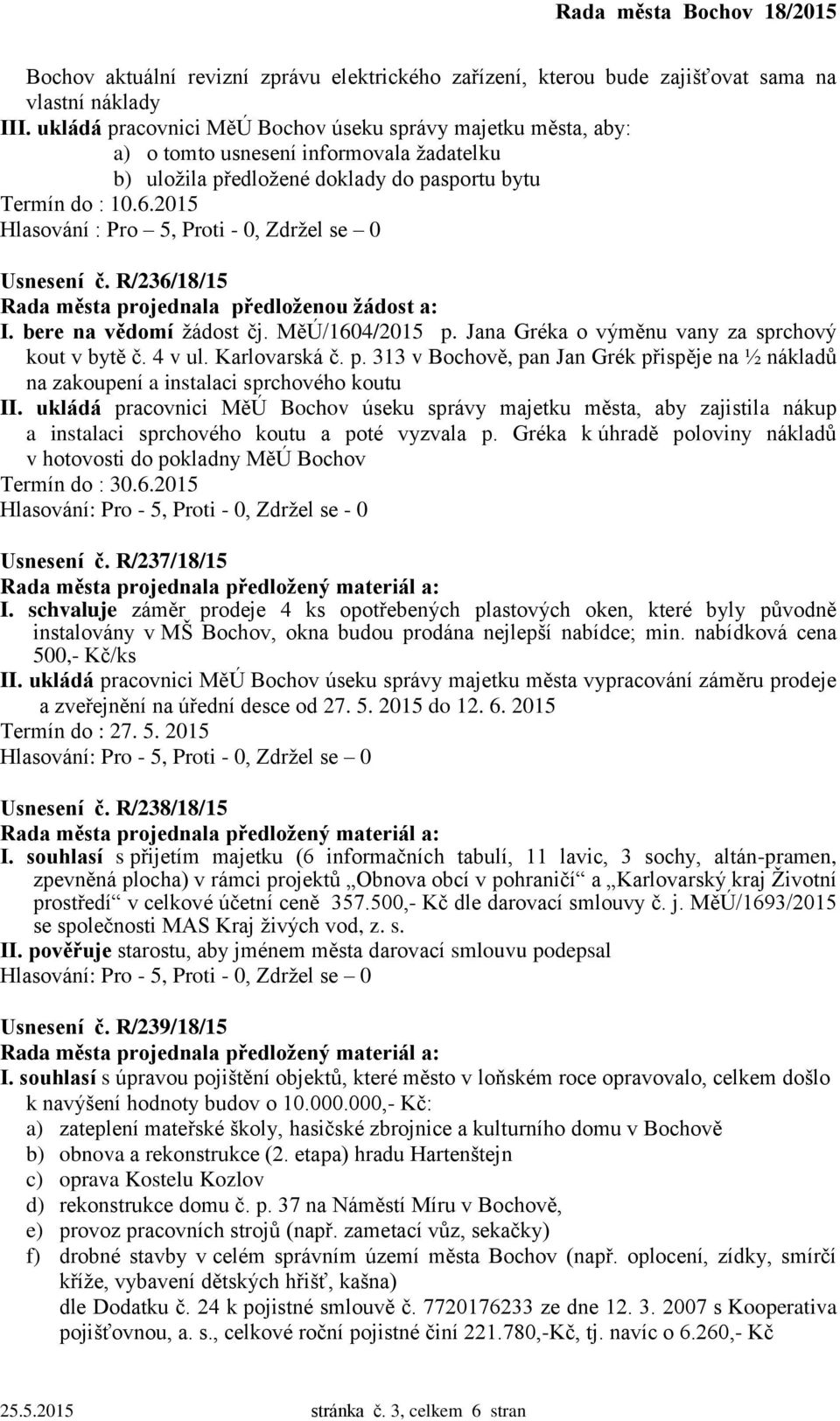 2015 Hlasování : Pro 5, Proti - 0, Zdržel se 0 Usnesení č. R/236/18/15 I. bere na vědomí žádost čj. MěÚ/1604/2015 p.