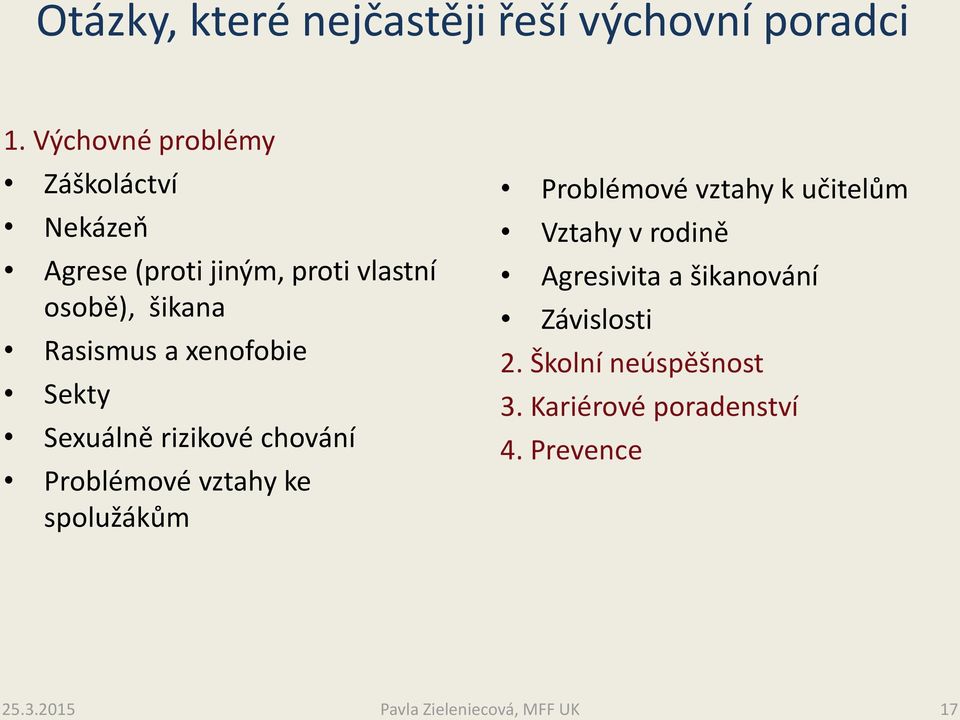 Rasismus a xenofobie Sekty Sexuálně rizikové chování Problémové vztahy ke spolužákům