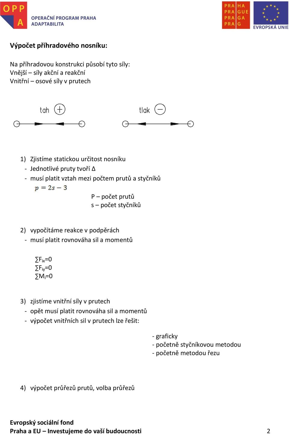 musí platit rovnováha sil a momentů F ix =0 F iy =0 M i =0 3) zjistíme vnitřní síly v prutech - opět musí platit rovnováha sil a momentů - výpočet vnitřních