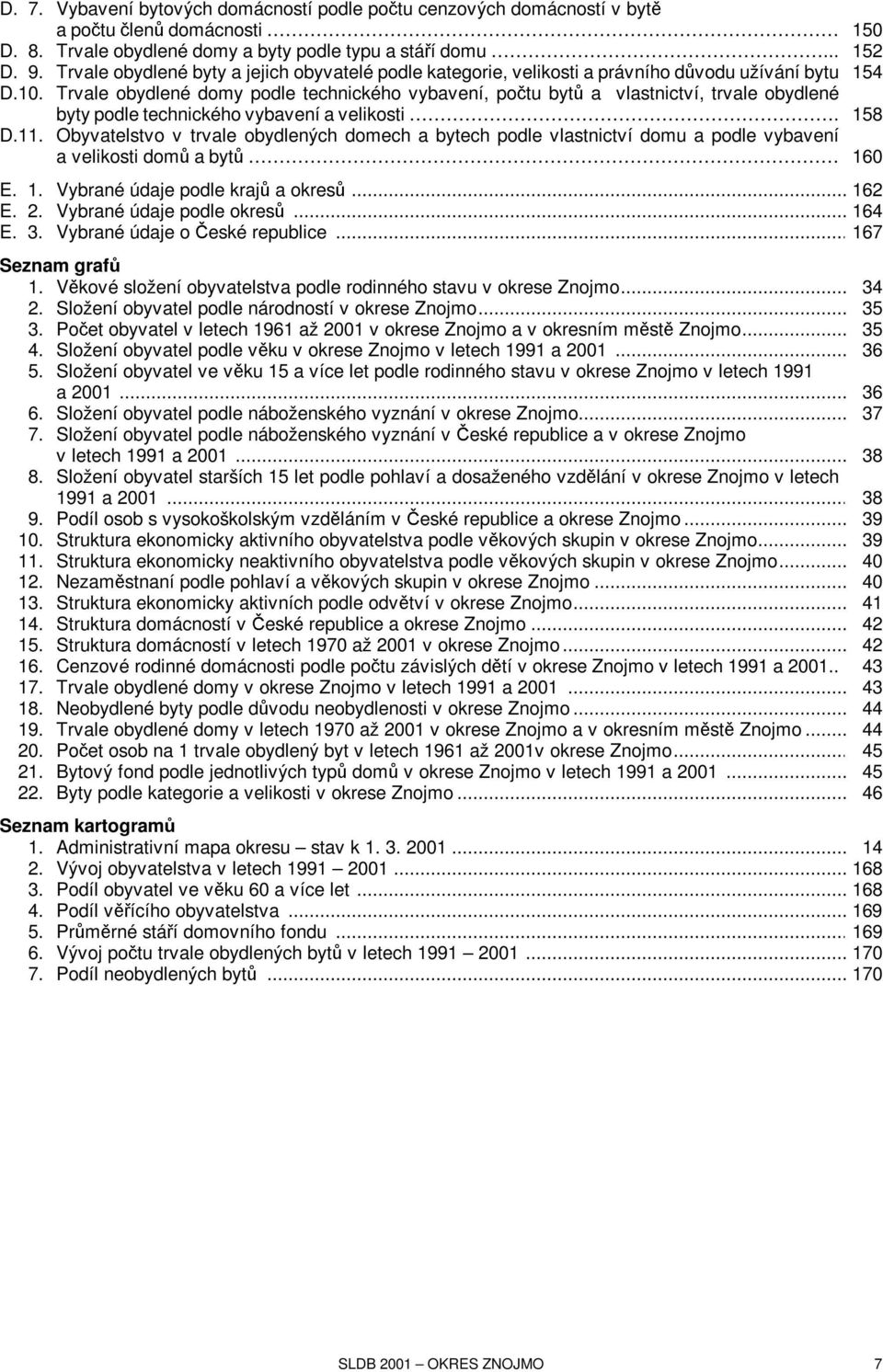 Trvale obydlené domy podle technického vybavení, počtu bytů a vlastnictví, trvale obydlené byty podle technického vybavení a velikosti. 158 D.11.