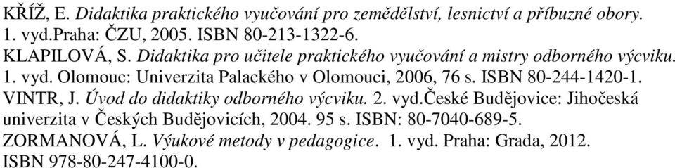 Olomouc: Univerzita Palackého v Olomouci, 2006, 76 s. ISBN 80-244-1420-1. VINTR, J. Úvod do didaktiky odborného výcviku. 2. vyd.