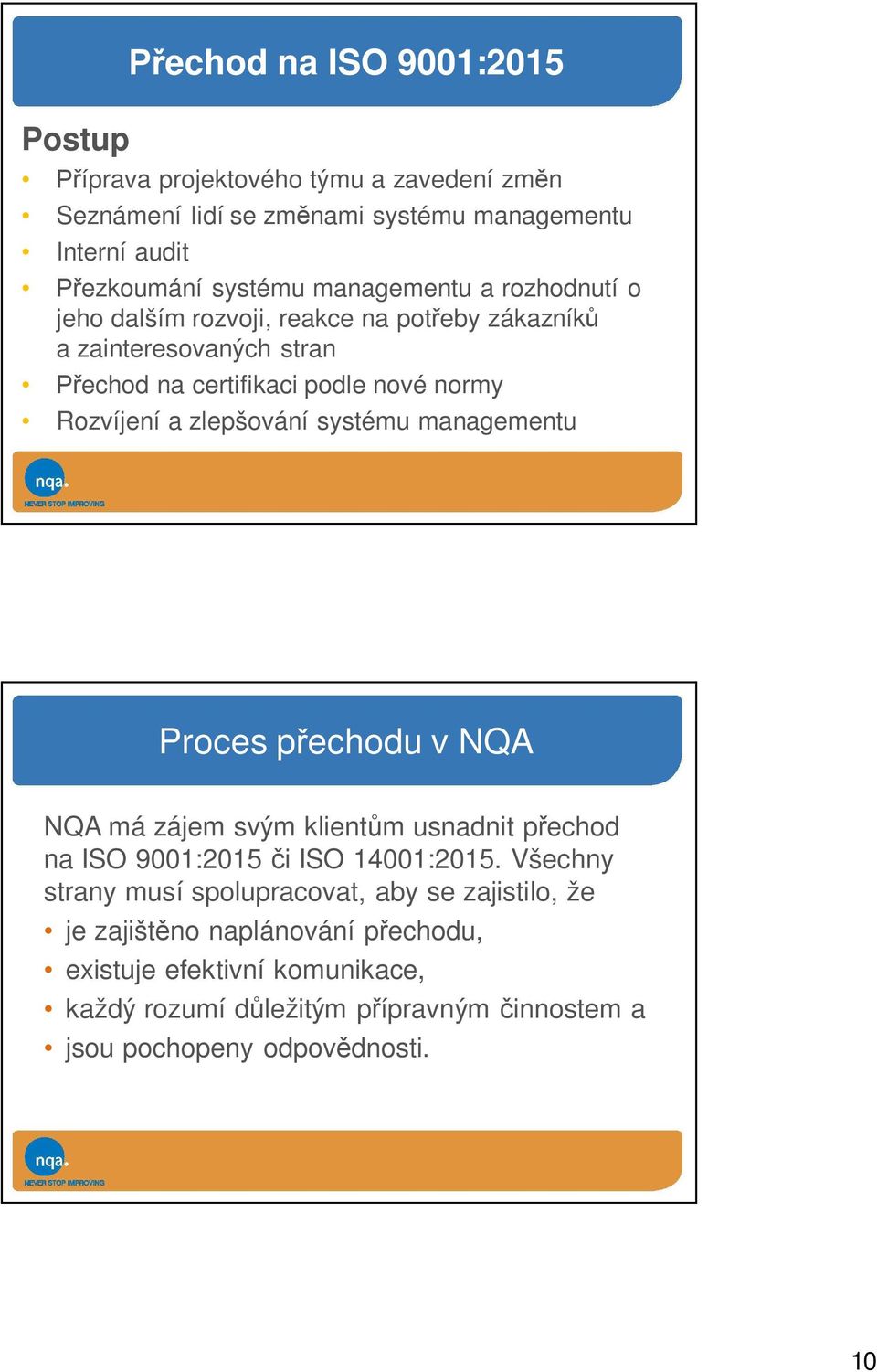 zlepšování systému managementu Proces přechodu v NQA NQA má zájem svým klientům usnadnit přechod na ISO 9001:2015 či ISO 14001:2015.