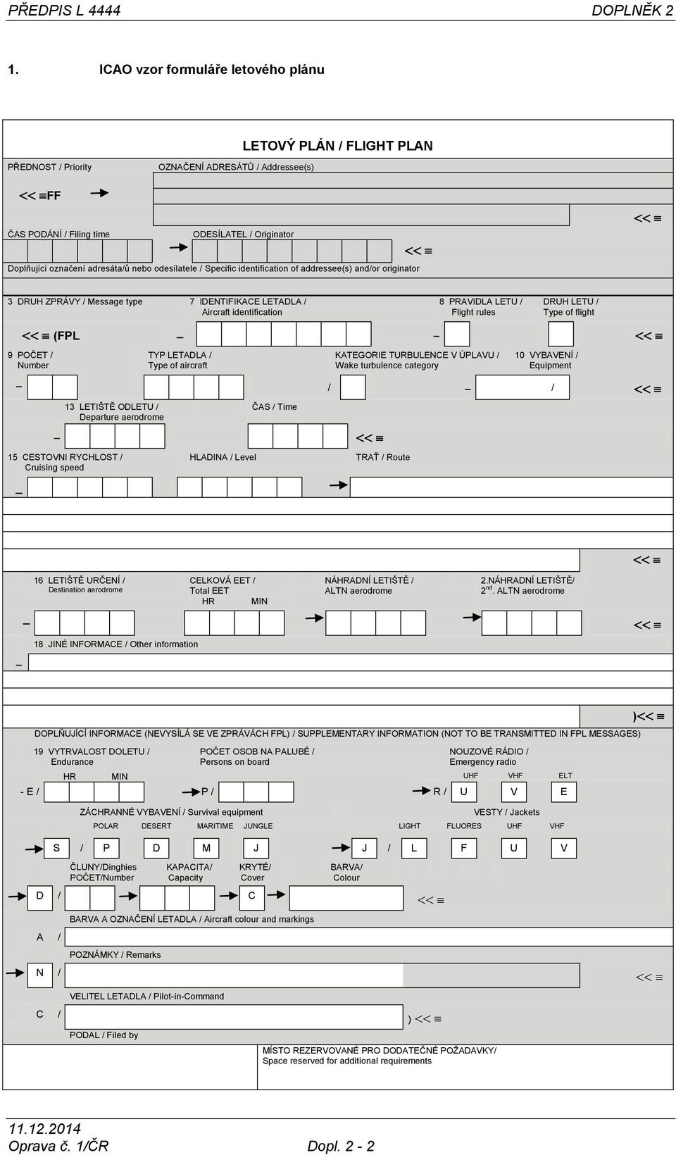 nebo odesílatele / Specific identification of addressee(s) and/or originator 3 DRUH ZPRÁVY / Message type 7 IDENTIFIKACE LETADLA / Aircraft identification 8 PRAVIDLA LETU / Flight rules DRUH LETU /