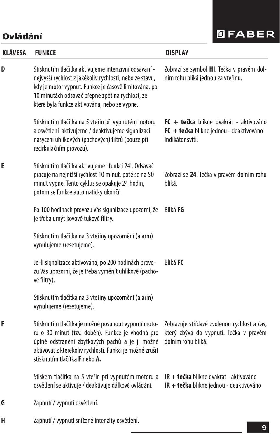 Stisknutím tlačítka na 5 vteřin při vypnutém motoru a osvětlení aktivujeme / deaktivujeme signalizaci nasycení uhlíkových (pachových) filtrů (pouze při recirkulačním provozu).