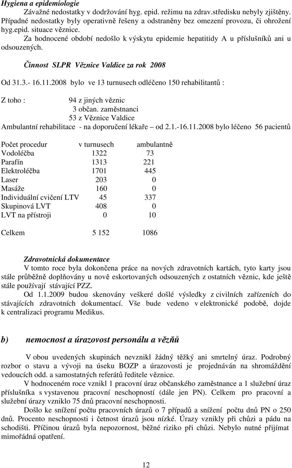 Za hodnocené období nedošlo k výskytu epidemie hepatitidy A u příslušníků ani u odsouzených. Činnost SLPR Věznice Valdice za rok 2008 Od 31.3.- 16.11.